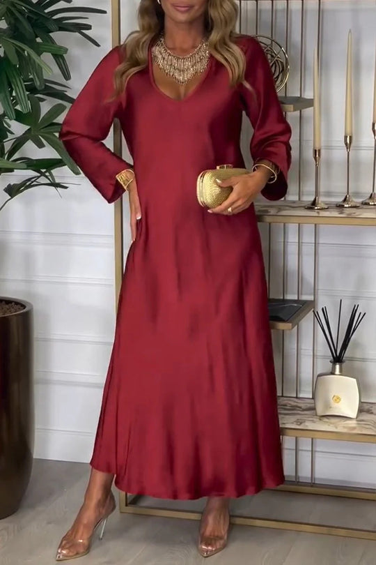 Damen elegantes Maxikleid mit tiefem V-Ausschnitt und fließendem Schnitt EB