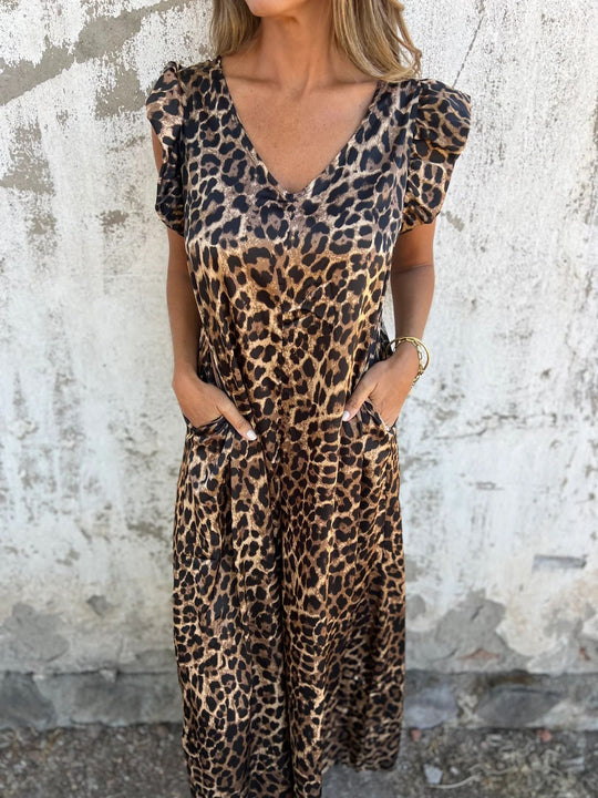 Damen Leichtes Maxikleid im modischen Leopardenlook mit Seitentaschen EB