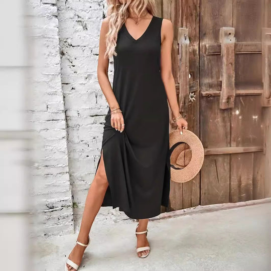 Damen Maxikleid mit V-Ausschnitt und seitlichem Schlitz EB