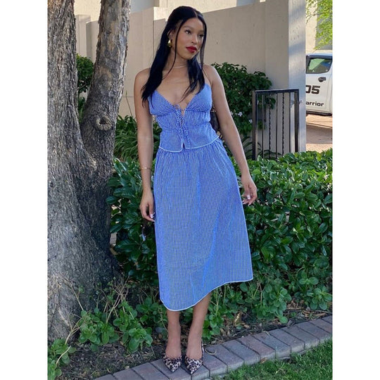 Damen Sommerliches Maxikleid mit V-Ausschnitt und Gingham-Muster EB