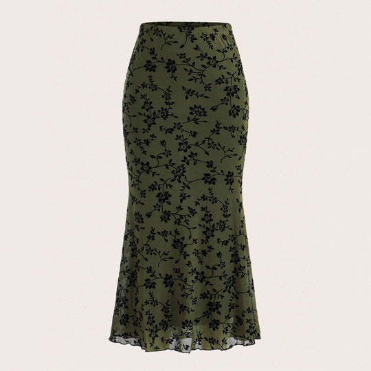 Damen Eleganter Maxirock mit floralem Design und leichtem Stoff EB