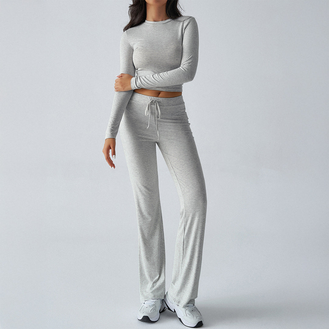 Damen nan tailliertes Longsleeve-Crop-Top und weite Lounge-Hose im Zweiteiler-Set aus Stretchjersey EB
