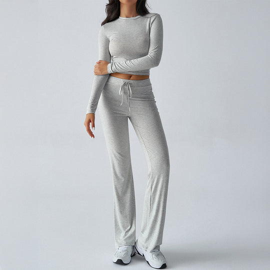 Damen nan tailliertes Longsleeve-Crop-Top und weite Lounge-Hose im Zweiteiler-Set aus Stretchjersey EB