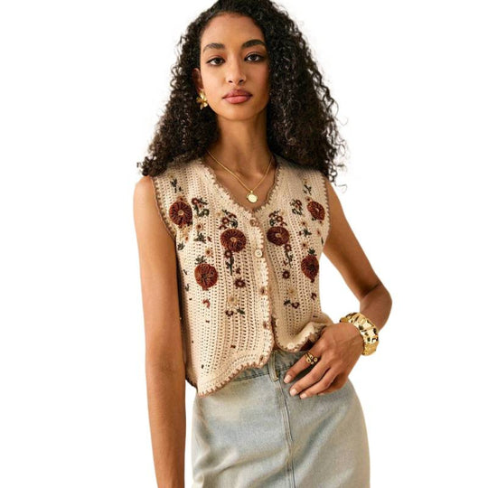 Damen Strickjacke mit floralen Stickereien und Knopfdetails EB