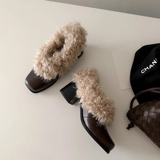 Damen modische Stiefeletten mit kuscheligem Fellkragen und robustem Blockabsatz EB