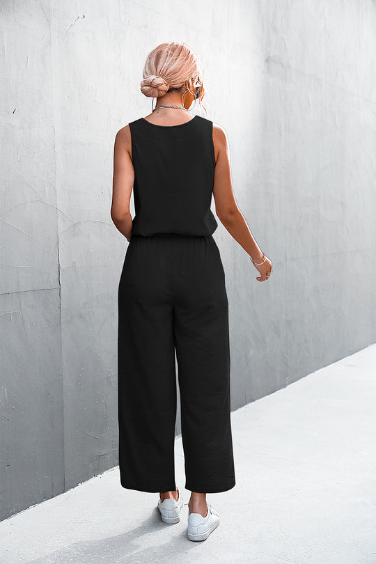 Damen luftiger Jumpsuit mit weitem Bein und elastischem Taillenzug EB