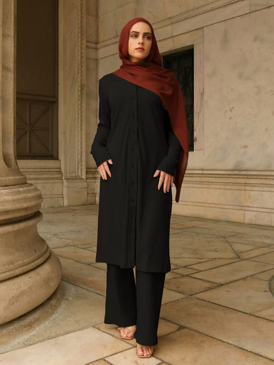 Damen Modestisches Knopf-Tunika-Set mit gerader Silhouette, langen Ärmeln und weitem Palazzo-Hosenbein EB