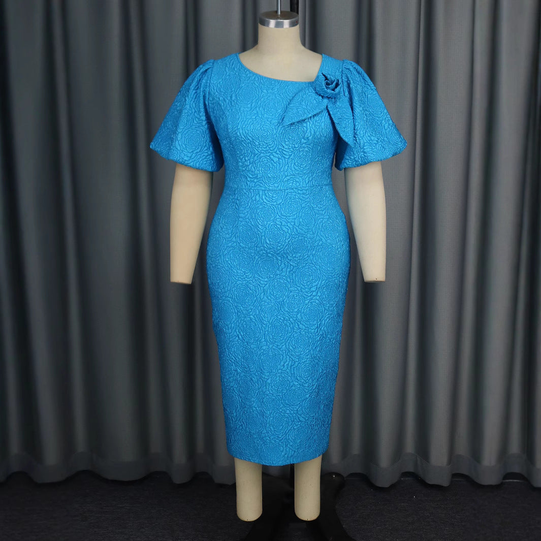 Damen elegantes Etuikleid mit fließenden Puffärmeln und Blumenapplikation EB