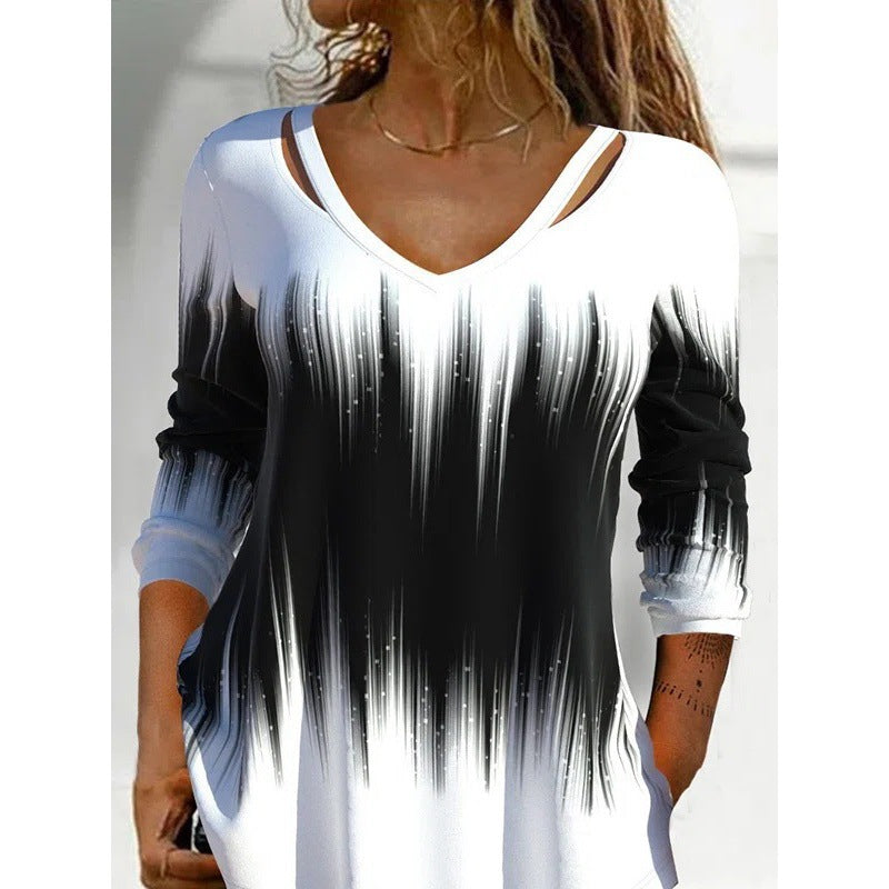 Damen Langarmshirt mit modischem V-Ausschnitt und einzigartigem Farbverlauf EB