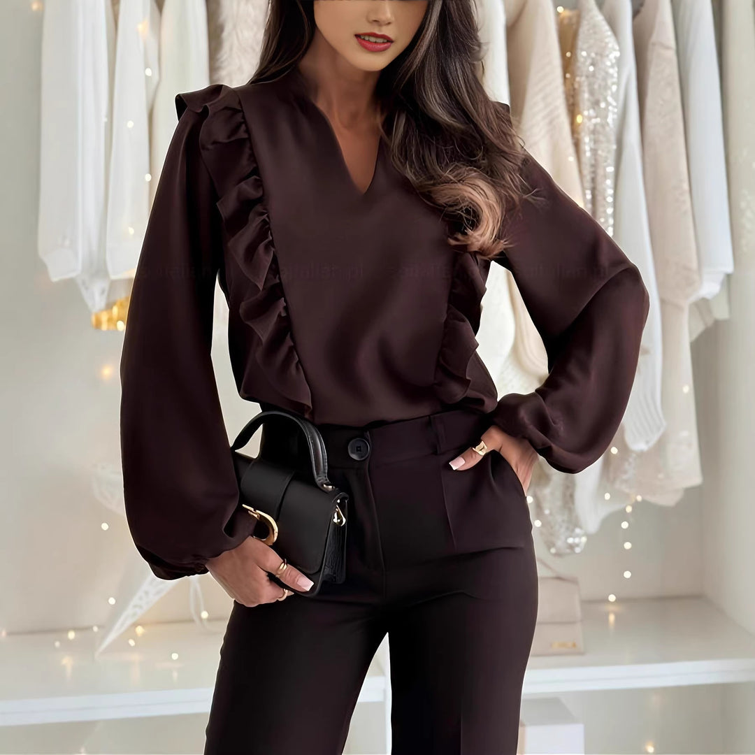 Damen elegant geschnittene Bluse mit Rüschendetails und V-Ausschnitt EB