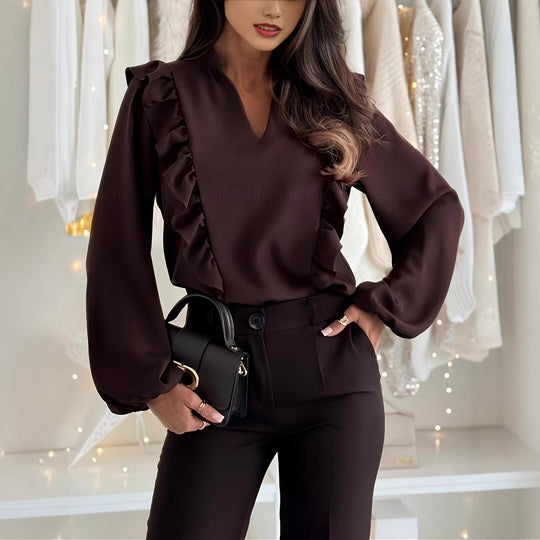 Damen elegant geschnittene Bluse mit Rüschendetails und V-Ausschnitt EB
