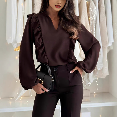Damen elegant geschnittene Bluse mit Rüschendetails und V-Ausschnitt EB