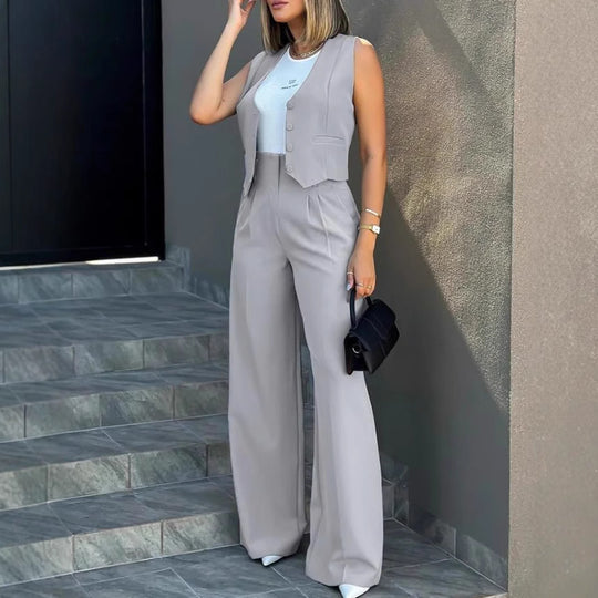 Damen Elegantes Hosenanzug-Set aus hochwertigem Stoff mit tailliertem Blazer und weitem Bein EB