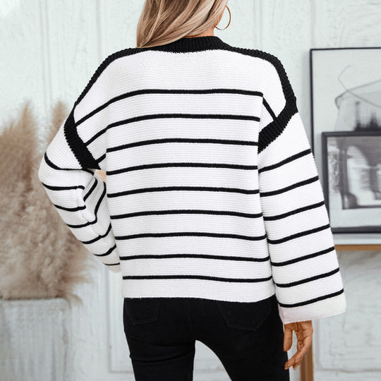Damen lässiger Strickpullover mit blockierendem Streifenmuster und weitem Schnitt EB