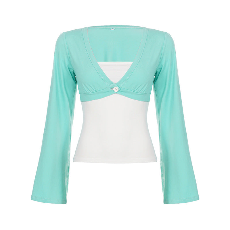 Damen nan Bolero-Overlay-Top mit tiefem V-Ausschnitt, ausgestellten Trompetenärmeln und integrierter Camisole EB