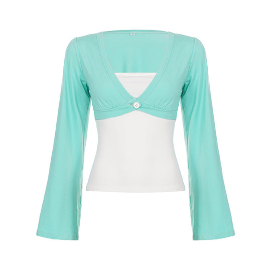 Damen nan Bolero-Overlay-Top mit tiefem V-Ausschnitt, ausgestellten Trompetenärmeln und integrierter Camisole EB