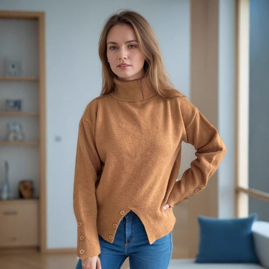 Damen modischer Rollkragenpullover mit Knopfdetails und asymmetrischem Saum EB