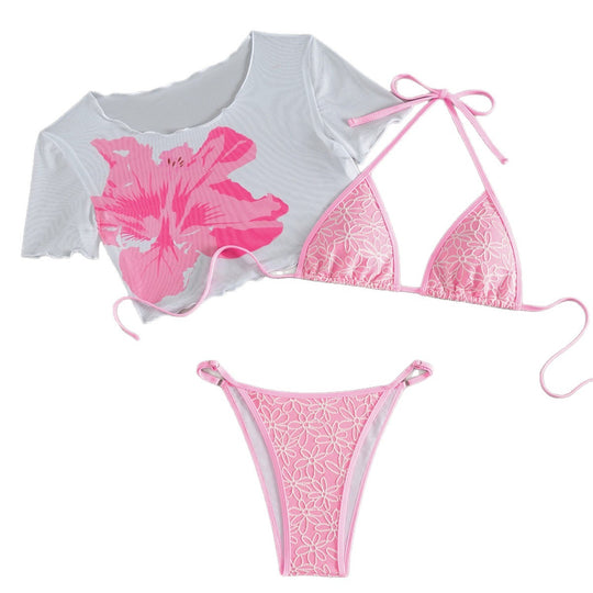 Damen Crop-Top Bikiniset mit floralem Design und transparentem Überwurf EB