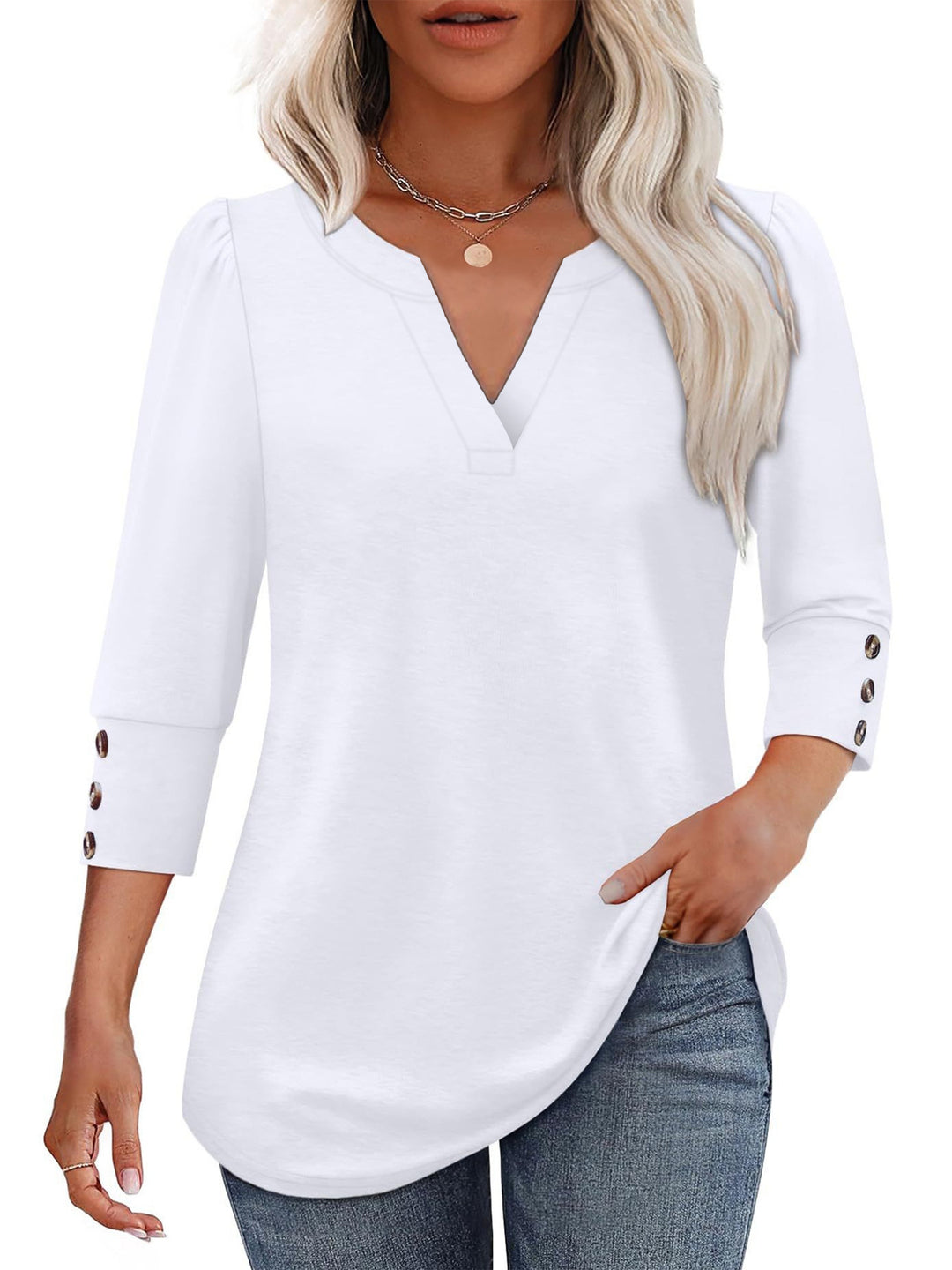 Damen V-Ausschnitt Bluse mit dekorativen Knopfdetails EB
