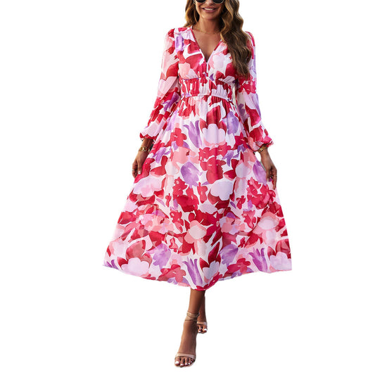 Damen Midi-Kleid mit floralem Druck und elastischem Tailleneinsatz EB