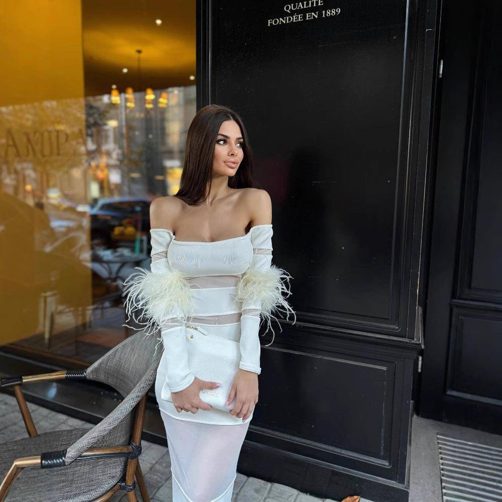 Damen Elegantes Kleid mit transparenten Einsätzen und federverzierten Ärmeln EB