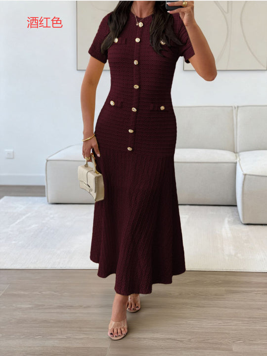 Damen Maxikleid mit eleganten Knopfdetails und strukturiertem Stoff EB