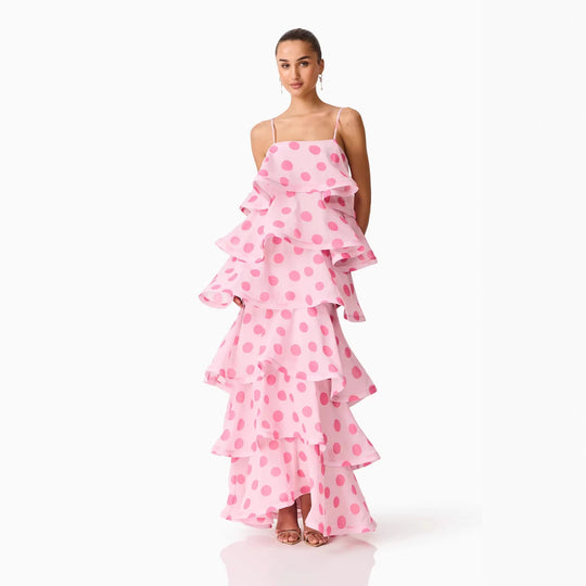 Damen Maxikleid mit verspielten Rüschen und Punkten EB