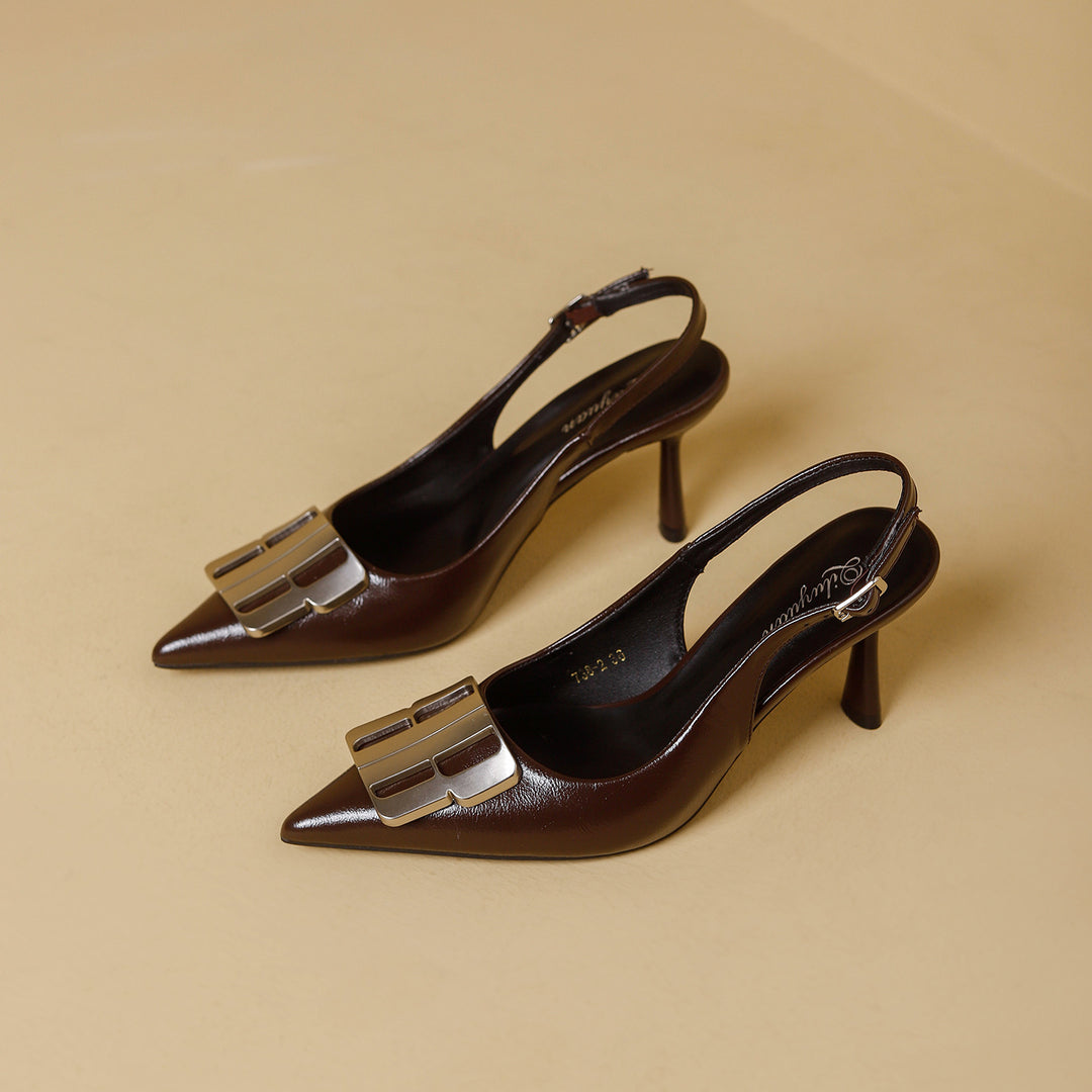 Damen Slingback-Mules mit eleganter Spitzenform und glänzender Schnallenapplikation EB