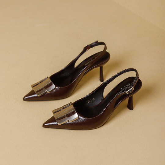 Damen Slingback-Mules mit eleganter Spitzenform und glänzender Schnallenapplikation EB