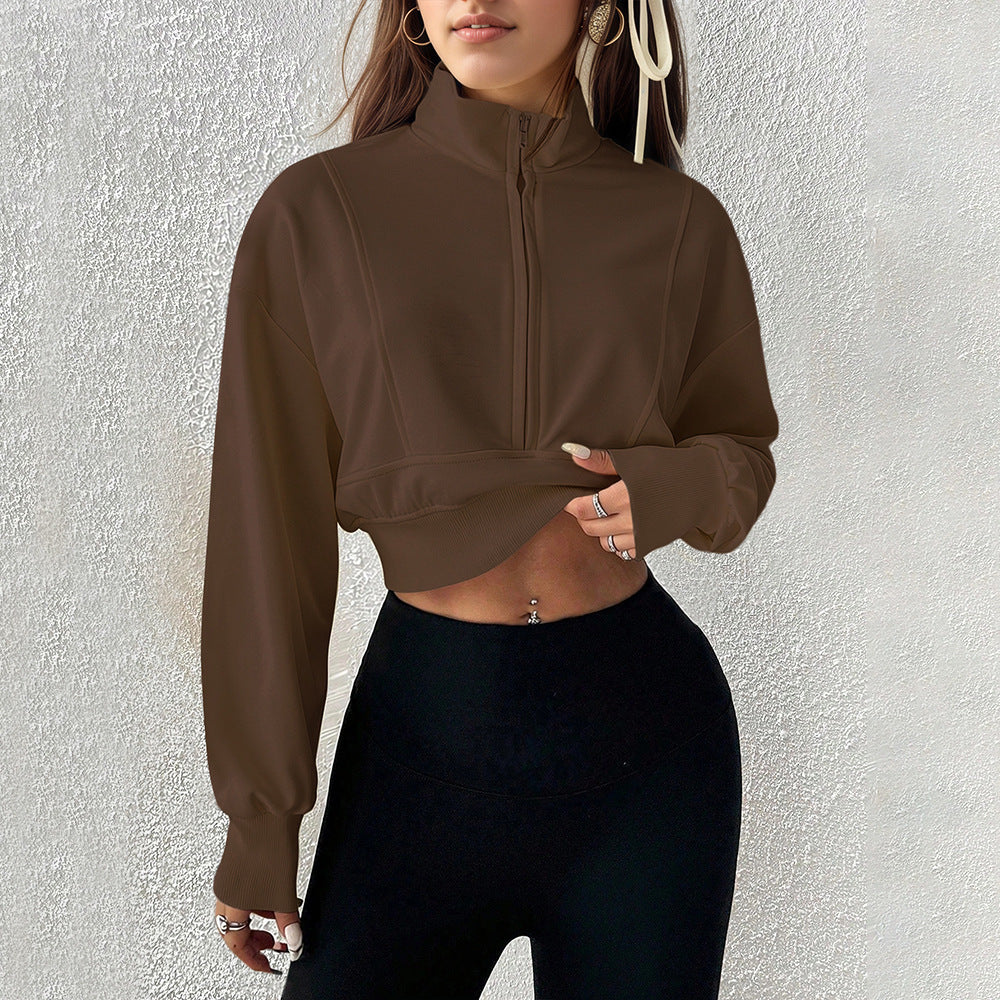 Damen kurzes Stehkragen-Sweatshirt mit halbem Reißverschluss, tailliertem Rippenbund und Daumenloch-Ärmeln Eichborn Berlin