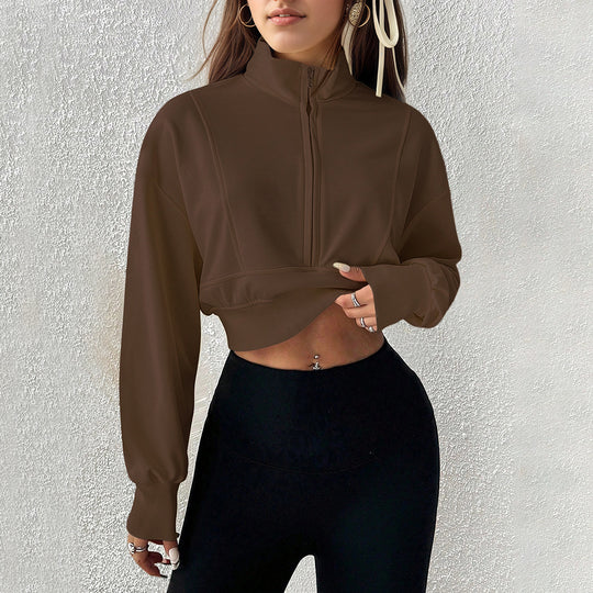 Damen kurzes Stehkragen-Sweatshirt mit halbem Reißverschluss, tailliertem Rippenbund und Daumenloch-Ärmeln Eichborn Berlin