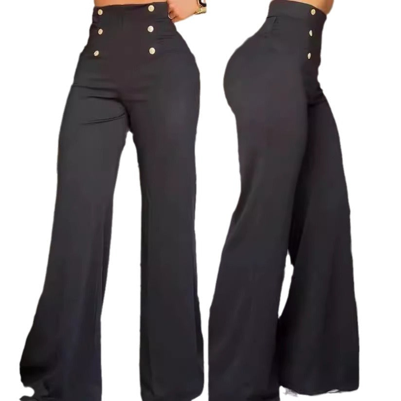 Damen elegante High-Waist Palazzohose mit Knopfdetails EB