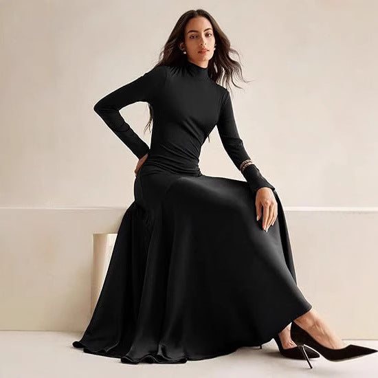 Damen Elegantes Langarm Maxikleid mit hohem Kragen und fließendem Rock EB