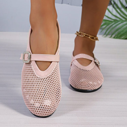 Damen atmungsaktive Ballerinas mit modischem Lochmuster und komfortablem Riemen EB