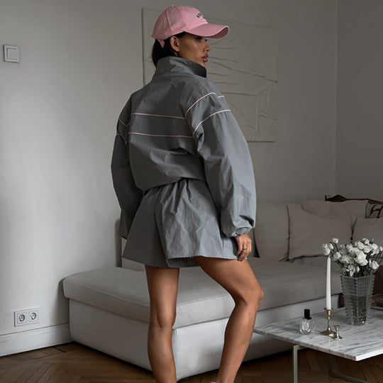 Damen nan Oversize Windbreaker-Set mit Taillenzug und hochgeschnittenen Shorts EB