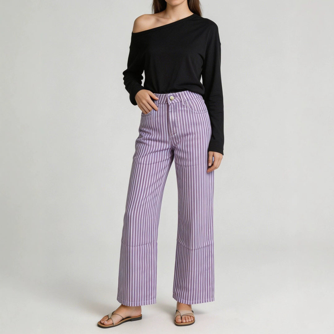 Damen nan weite High-Waist Palazzohose mit vertikalen Streifenoptik und abgesteppten Kniepartien EB