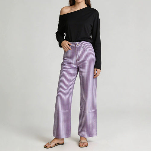 Damen nan weite High-Waist Palazzohose mit vertikalen Streifenoptik und abgesteppten Kniepartien EB