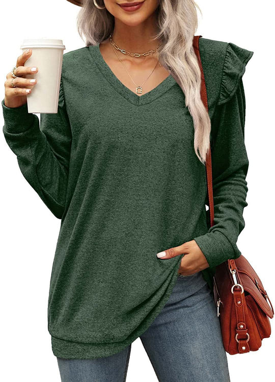 Damen V-Ausschnitt Langarmshirt mit Rüschendetails und lockerem Schnitt EB