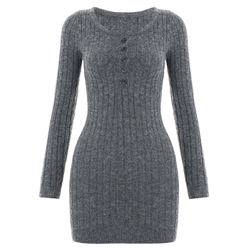 Damen nan figurbetontes Ripp-Strickkleid mit Henley-Knopfleiste und langem Arm EB