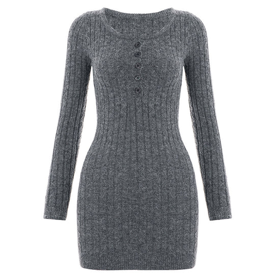 Damen nan figurbetontes Ripp-Strickkleid mit Henley-Knopfleiste und langem Arm EB