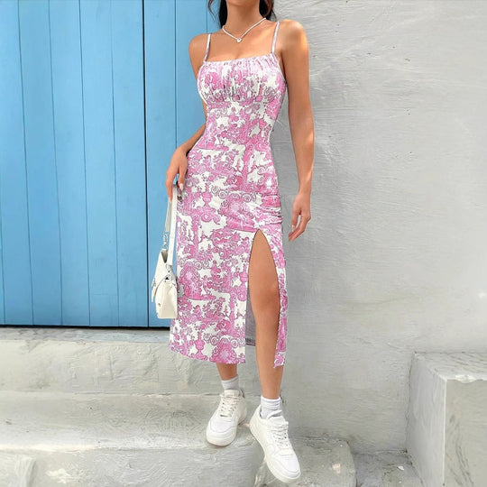 Damen Figurbetontes Maxikleid mit Blumenmuster und elegantem Schlitz EB