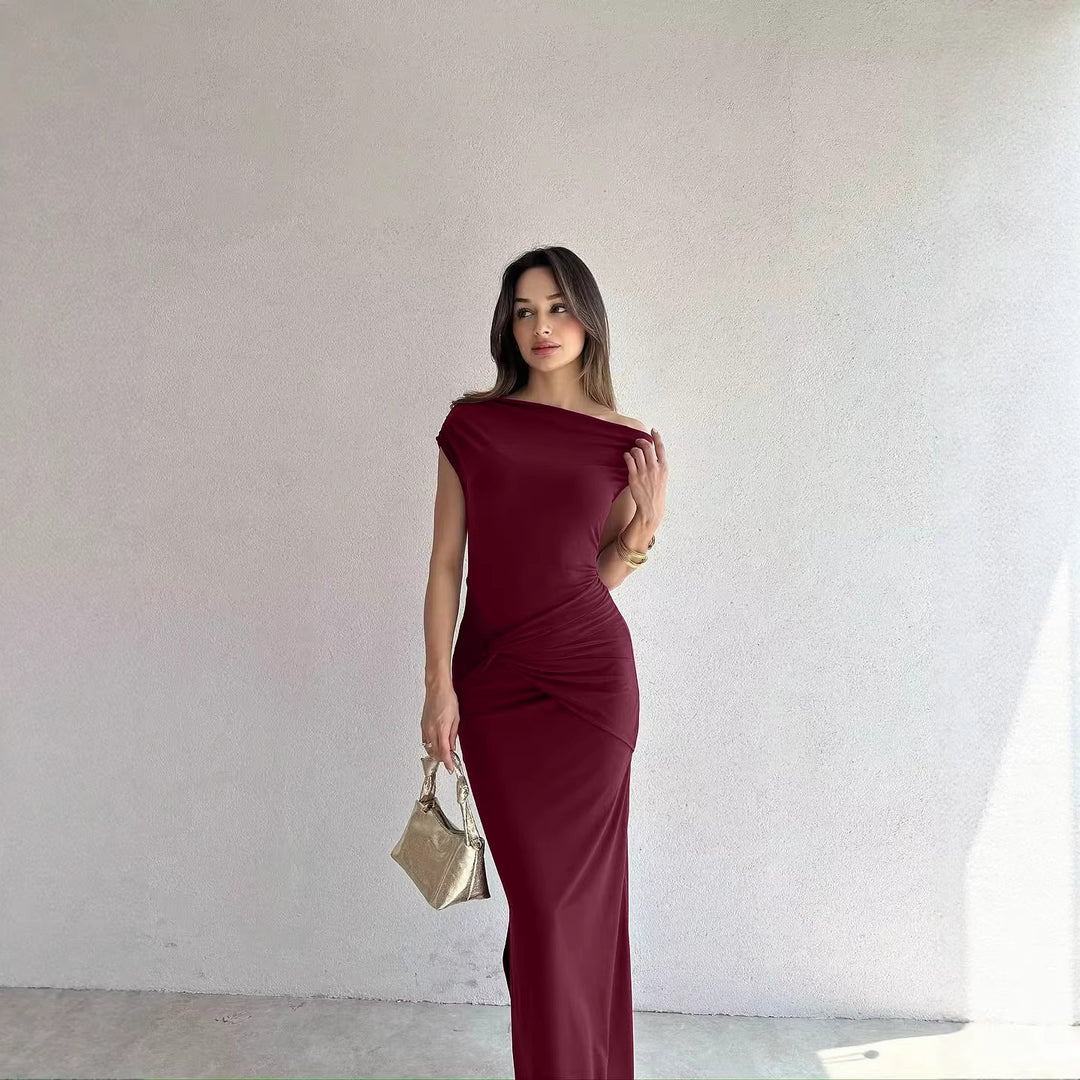 Damen Elegantes Maxikleid mit Off-Shoulder Design und dekorativer Raffung EB