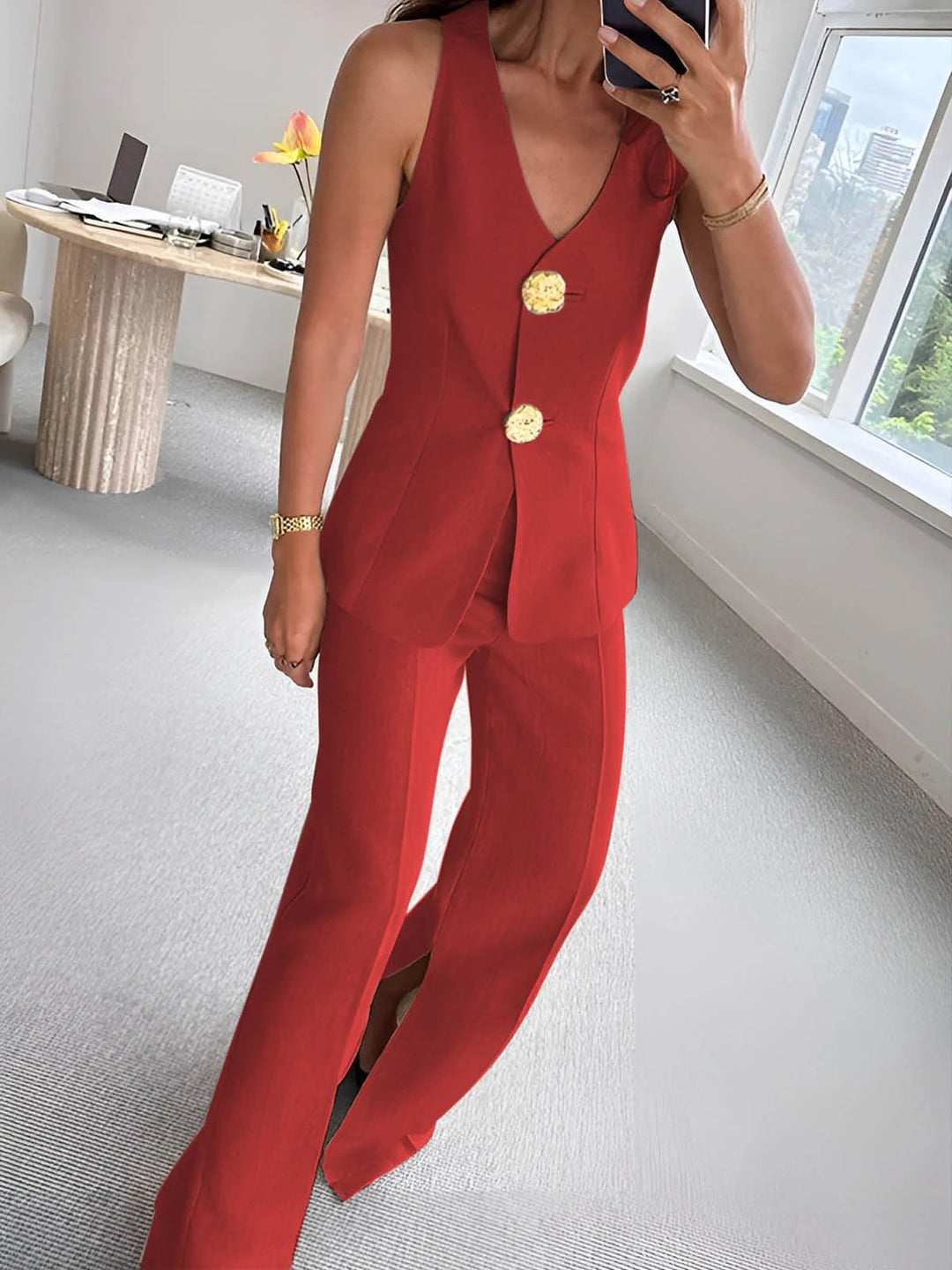 Damen elegantes Jumpsuit mit vordere Knopfleiste und weitem Bein EB