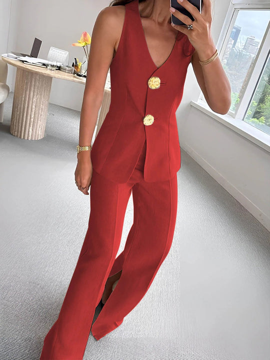 Damen elegantes Jumpsuit mit vordere Knopfleiste und weitem Bein EB