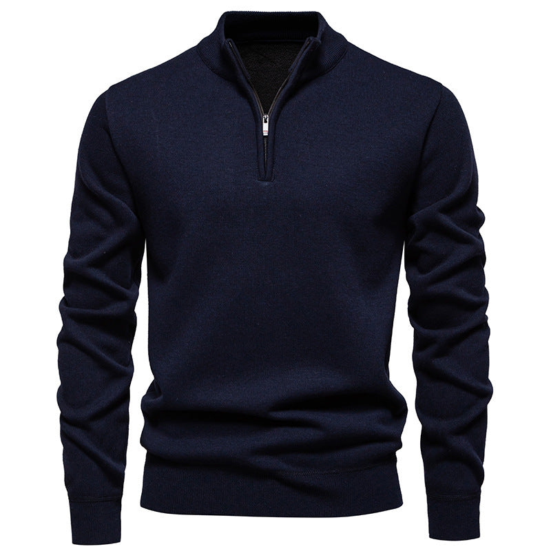 Herren nan Slim-Fit Feinstrickpullover mit kurzem Reißverschluss, Stehkragen und geripptem Bund EB