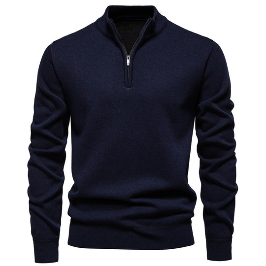 Herren nan Slim-Fit Feinstrickpullover mit kurzem Reißverschluss, Stehkragen und geripptem Bund EB