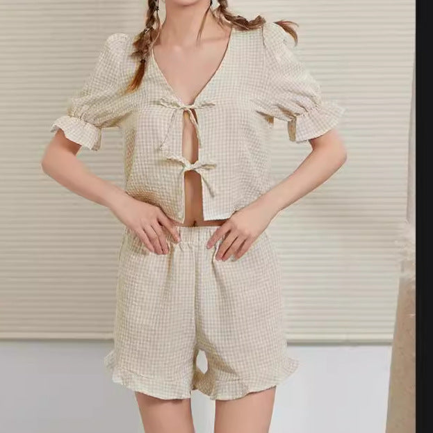 Damen Kurzschlafanzug Set mit Rüschen-Details EB