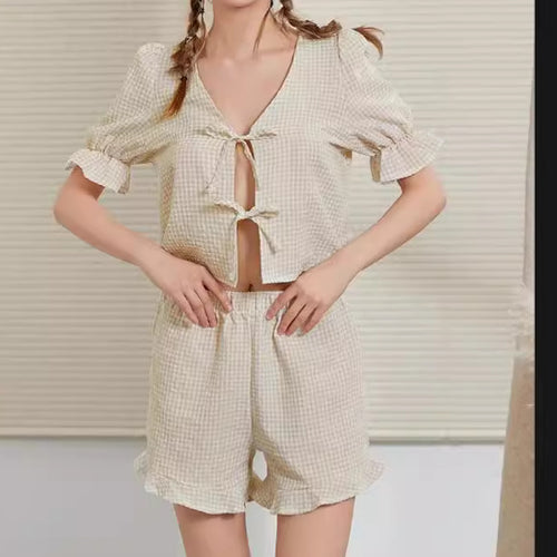 Damen Kurzschlafanzug Set mit Rüschen-Details EB