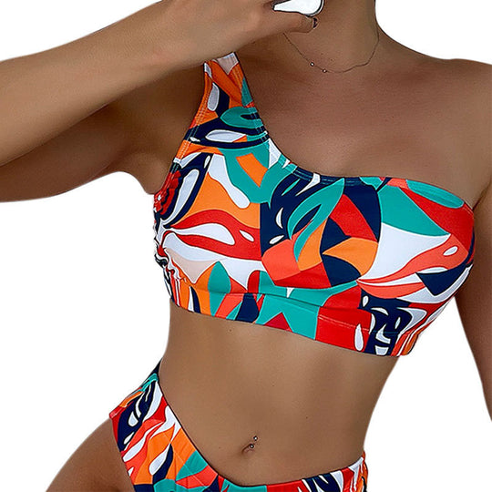 Damen Einseitiger Bikini mit geometrischem Muster und hoch geschnittenem Slip EB