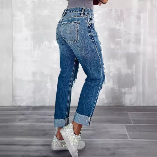 Damen Ripped Boyfriend Jeans im angesagten Vintage-Look mit weitem Bein EB